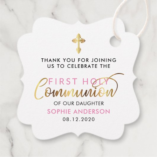 Roze en Goud Eerste Heilige Communie Dank u Bedankjes Labels (Achterkant)