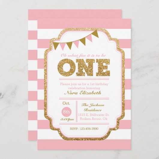 Roze en goud Eerste uitnodiging van de Dag (Voorkant / Achterkant)