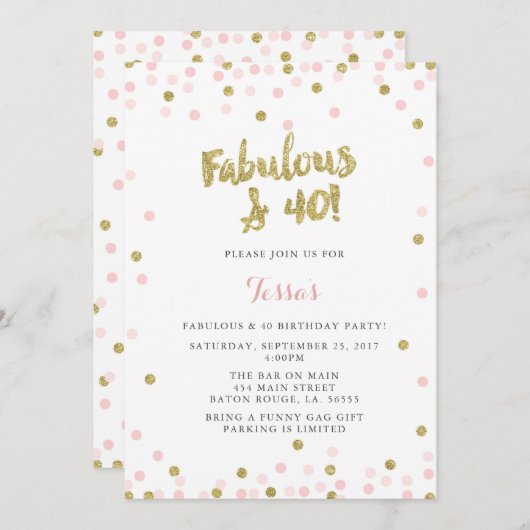 Roze en Goud Fabulous & 40 Verjaardag Uitnodiginge Kaart (Voorkant / Achterkant)