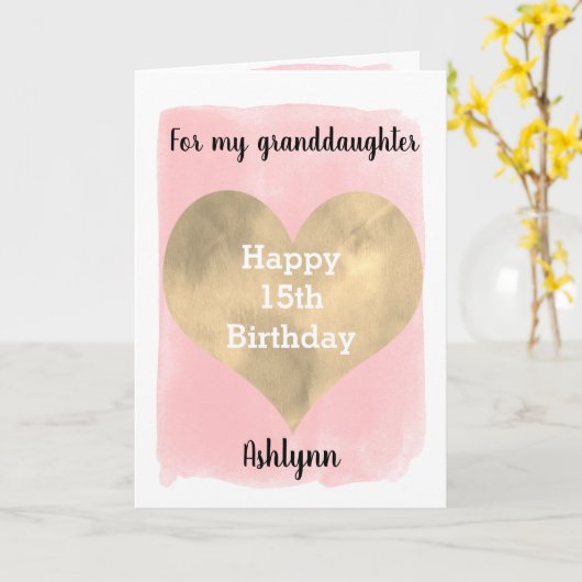 Roze en goud Gelukkige 15e verjaardag kleindochter Kaart (Gele Bloem)