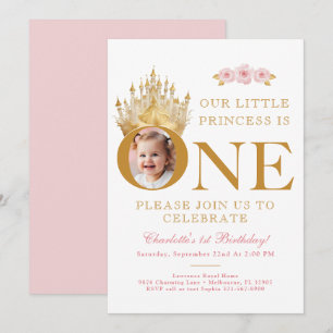 Roze en Goud Kleine Prinses 1e Verjaardag Foto Kaart