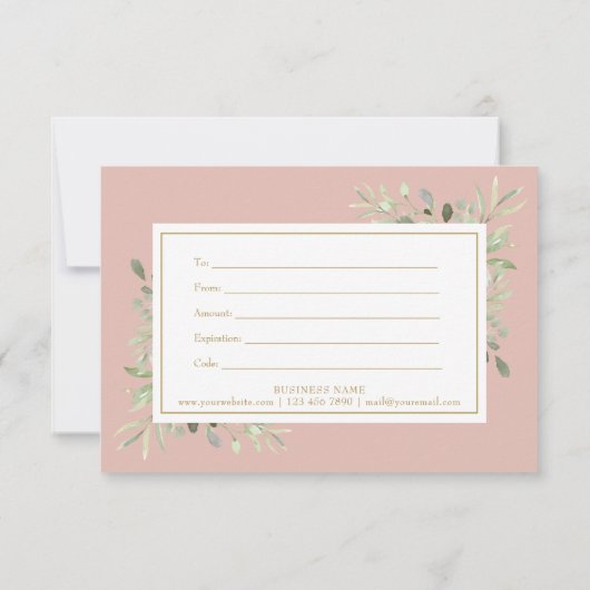 Roze en Goud Script Greenery Gift Certificaat (Achterkant)
