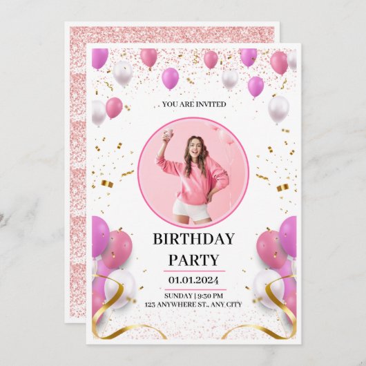 Roze en Goud Speelse Persoonlijke Verjaardag Uitno Kaart (Voorkant / Achterkant)