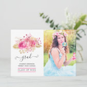 Roze en Goud Tropisch Bloemen Afstuderen Foto Aankondiging (Staand voorkant)