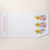 Roze en Goud Tropische Ananas en Polka Dots Strandlaken (Voorkant)