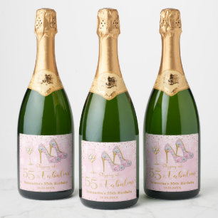 Roze en Goud Vijftig Vijf & Fabulous 55ste Verjaar Sparkling Wijnetiket