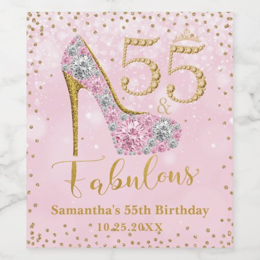 Roze en Goud Vijftig Vijf & Fabulous 55ste Verjaar Wijn Etiket (Enkel label)