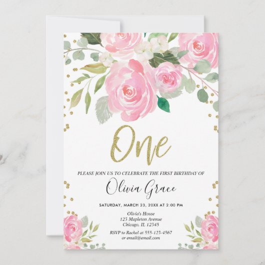 roze en gouden 1 ^ e verjaardag grieks verjaardag kaart (Voorkant)