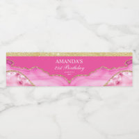 Roze en Gouden Agate Marmer Waterfles Label