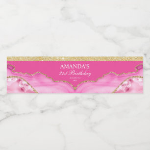 Roze en Gouden Agate Marmer Waterfles Label Etiket