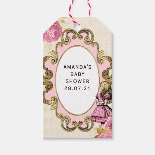 Roze en gouden Alice in het Wonderland Baby shower Cadeaulabel (Voorkant)