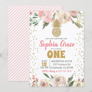 Roze en gouden anananas Birthday Luau Kaart
