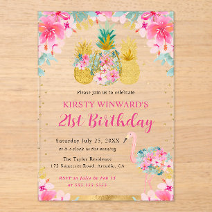 Roze en gouden ananas en flamingo 21ste verjaardag acryl uitnodigingen