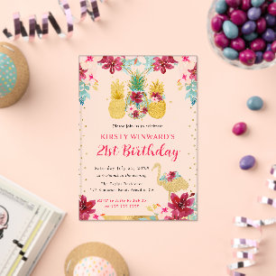 Roze en gouden ananas en flamingo 21ste verjaardag acryl uitnodigingen