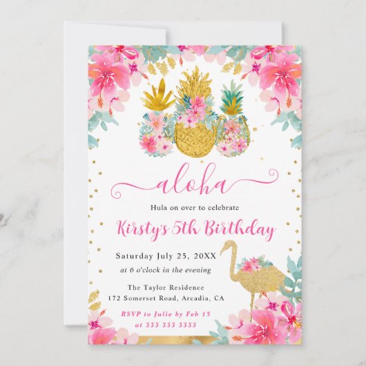 Roze en Gouden Ananas & Flamingo Kids Verjaardag Kaart (Voorkant)