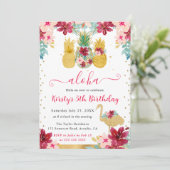 Roze en Gouden Ananas & Flamingo Kids Verjaardag Kaart (Staand voorkant)