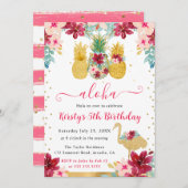 Roze en Gouden Ananas & Flamingo Kids Verjaardag Kaart (Voorkant / Achterkant)