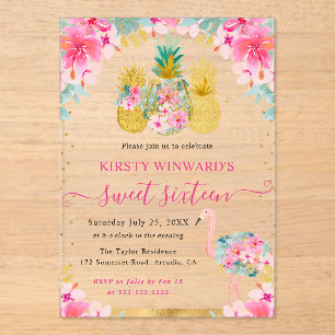 Roze en Gouden Ananassen en Flamingo Sweet 16 Acryl Uitnodigingen