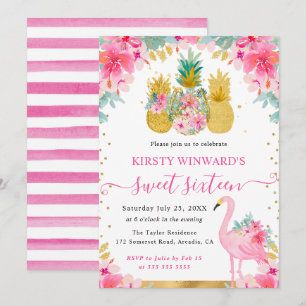 Roze en Gouden Ananassen en Flamingo Sweet 16 Kaart