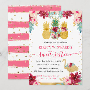 Roze en gouden ananassen en flamingo Sweet Sixteen Kaart