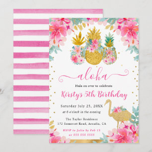 Roze en Gouden Ananassen & Flamingo Kinderverjaard Kaart