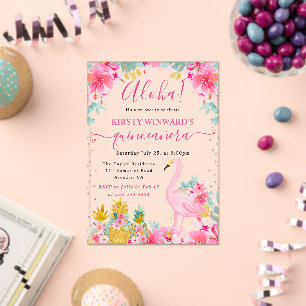 Roze en Gouden Ananassen & Flamingo Quinceanera Acryl Uitnodigingen