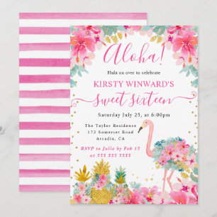 Roze en Gouden Ananassen & Flamingo Sweet 16 Kaart