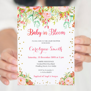 Roze en gouden Baby in Bloom Baby shower Invitatio Kaart