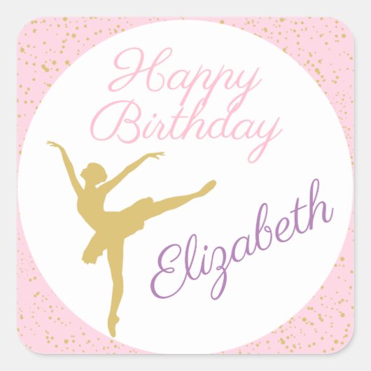 Roze en gouden Ballerina Birthday Vierkante Sticker (Voorkant)