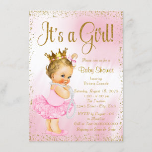 Roze en gouden ballerina tutu parel baby shower kaart