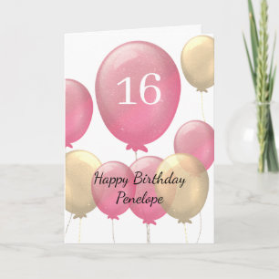 Roze en gouden ballonnen 16e verjaardag Kaart