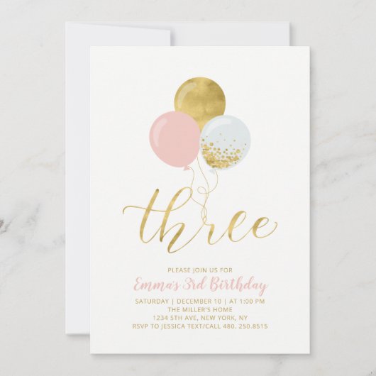 Roze en gouden ballonnen | Meisje 3rd Birthday Par Kaart (Voorkant)