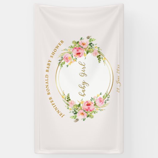 Roze en Gouden bloem Baby meisje baby shower Spandoek (Verticaal)