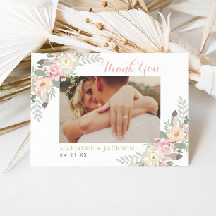 Roze en gouden bloem Boho bruiloftsfoto Bedankkaart