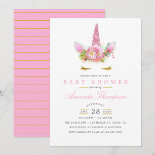 Roze en gouden bloem eenhoorn meisje baby shower kaart