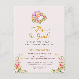 Roze en gouden bloem thema is een meisje baby show briefkaart