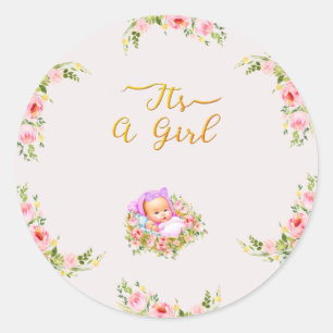 Roze en gouden bloem thema is een meisje baby show ronde sticker
