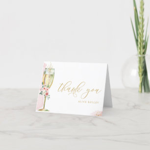 Roze en gouden bloemachtige champagneglas geperson bedankkaart