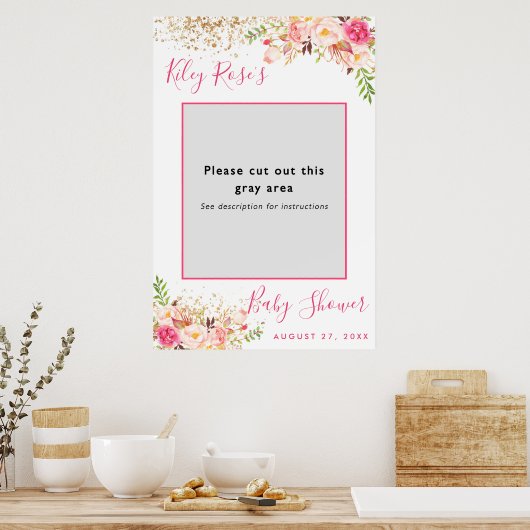 Roze en gouden bloemen baby shower foto randje poster (Keuken)