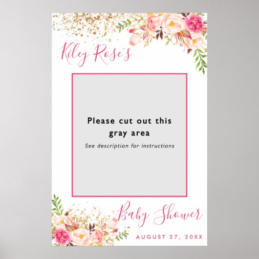 Roze en gouden bloemen baby shower foto randje poster (Voorkant)
