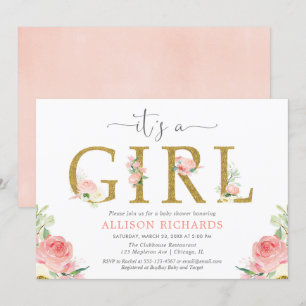 Roze en gouden bloemen baby shower, Het is een mei Kaart