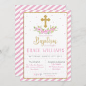 Roze en Gouden Bloemen Doop Uitnodigingen Meisje (Voorkant / Achterkant)