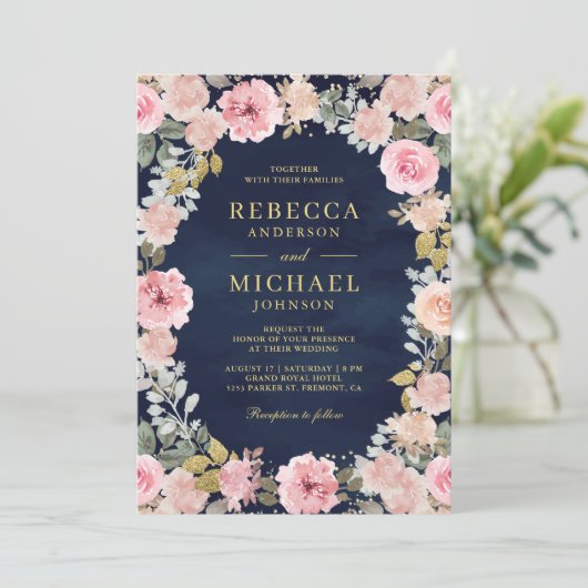 Roze en Gouden Bloemen QR Code Navy Blue Wedding Kaart (Staand voorkant)