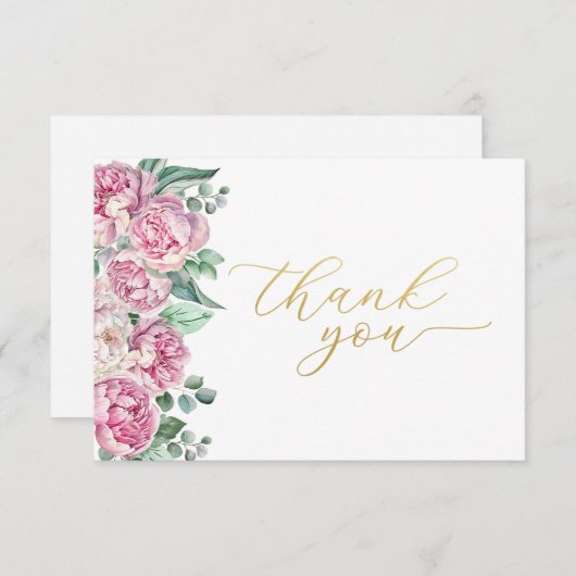 Roze en gouden bloemengroen Baby shower Dank u Bedankkaart (Voorkant / Achterkant)