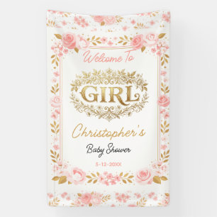 Roze en Gouden Bloemenmeisje Baby Shower Spandoek