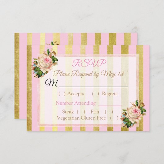 Roze en gouden bloemgestreepte trouw-RSVP kaart (Voorkant / Achterkant)