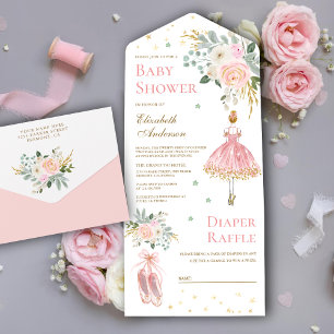 Roze en Gouden Bloemige Ballerina Baby Shower All In One Uitnodiging