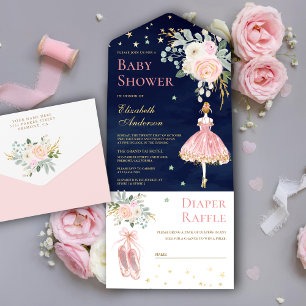 Roze en gouden bloemige ballerina Navy Baby Shower All In One Uitnodiging