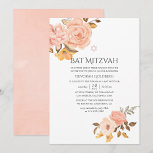 Roze en gouden bloemige Bat Mitzvah Kaart