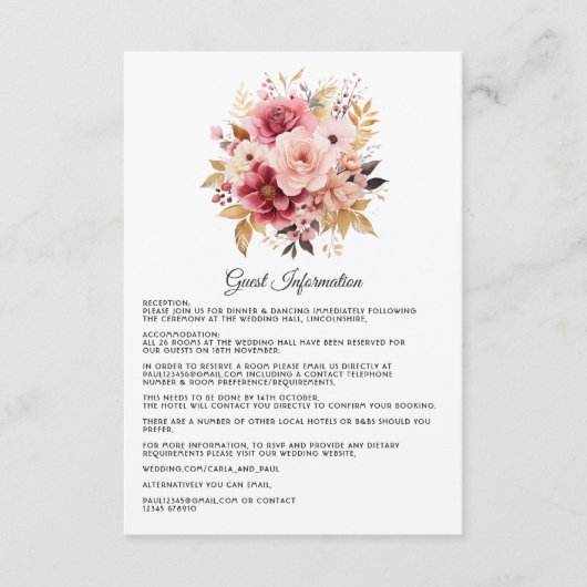 Roze en gouden bloemige details voor bruiloftsgast informatiekaartje (Voorkant)